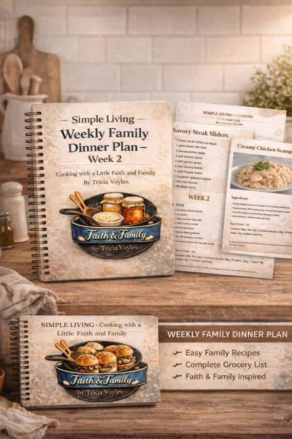 Simple Living Weekly Family Dinner Plan Week 2 | 7 Family Dinners + Grocery List | Faith-Based Meal Plan PDF - Simple Living Faith Weekly faith-based family dinner plan created for organized meal planning