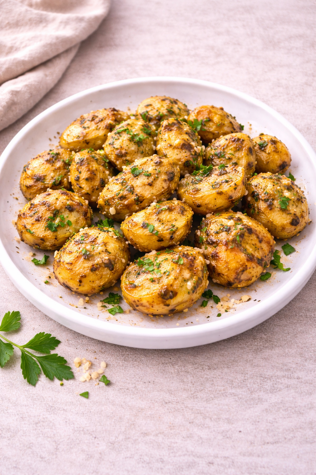 White plate piled with golden roasted baby potatoes, seasoned with herbs and garlic and lightly sprinkled with parsley.