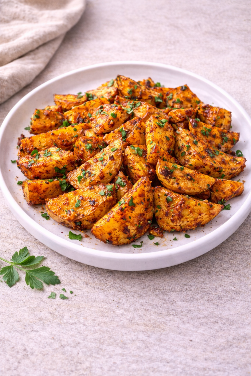 Crispy paprika-spiced potato wedges garnished with chopped parsley on a white plate