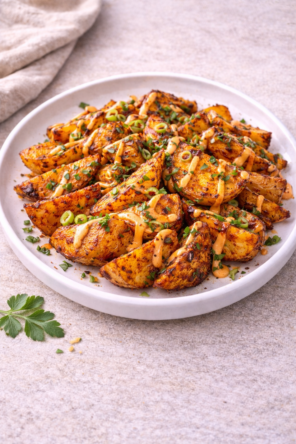 Crispy roasted potato wedges on a white plate, drizzled with creamy sauce and chopped green onions and herbs.