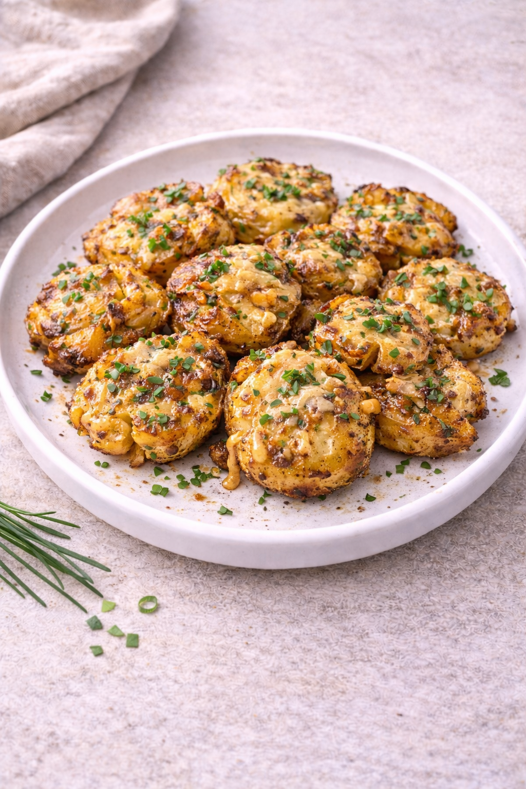 Golden-brown cheesy potato bites on a white plate, garnished with chopped parsley.