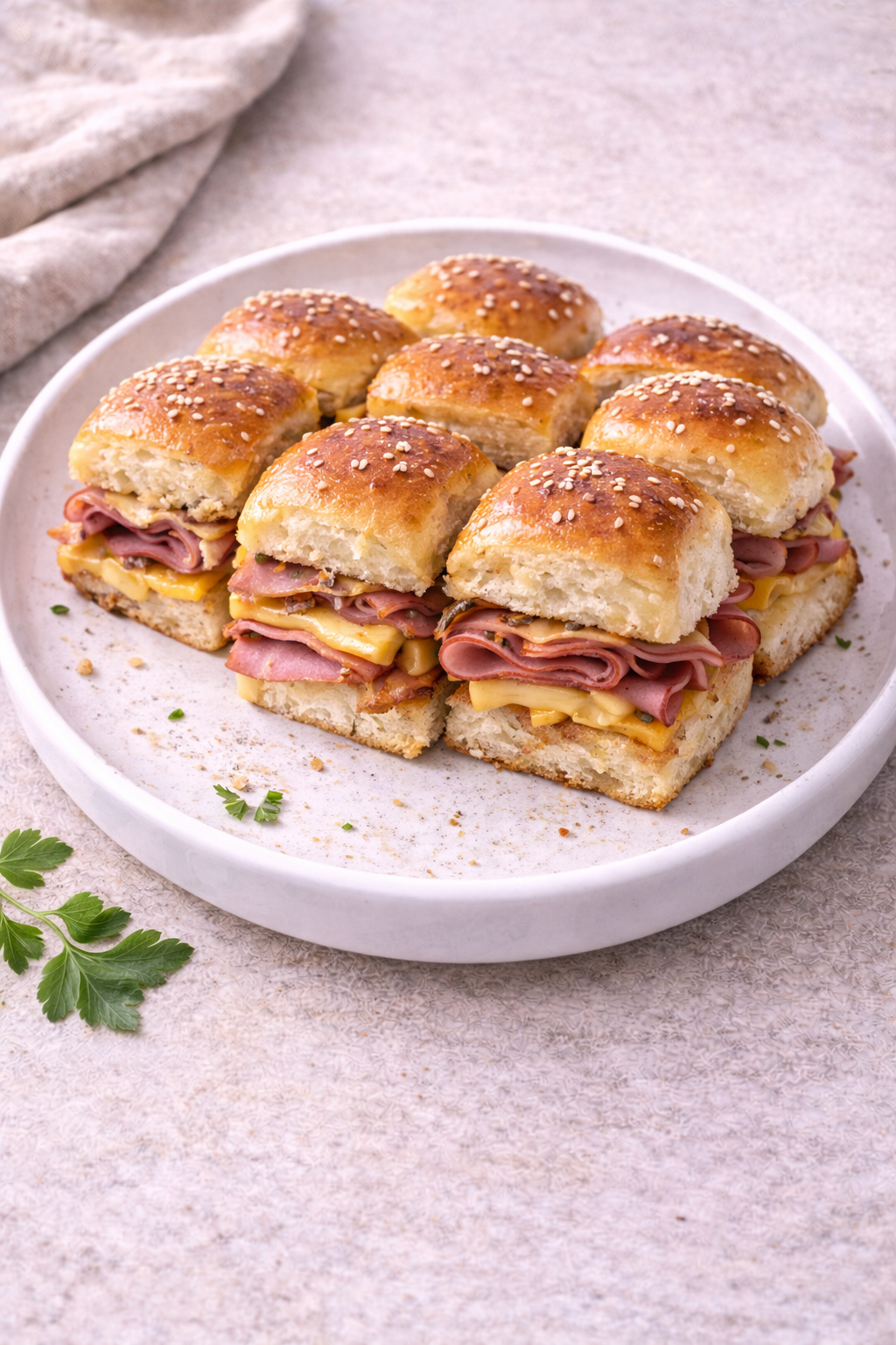 Plate of mini ham and cheddar cheese sliders on sesame-seed buns, arranged on a white dish with a light, textured table nearby.