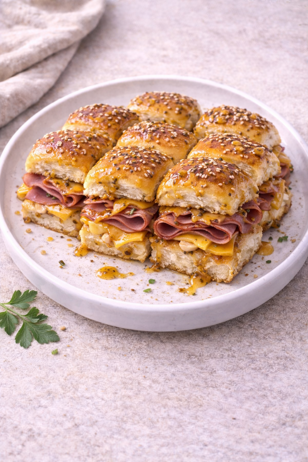 Plate of ham and cheese sliders on sesame buns, cut into squares and drizzled with sauce.