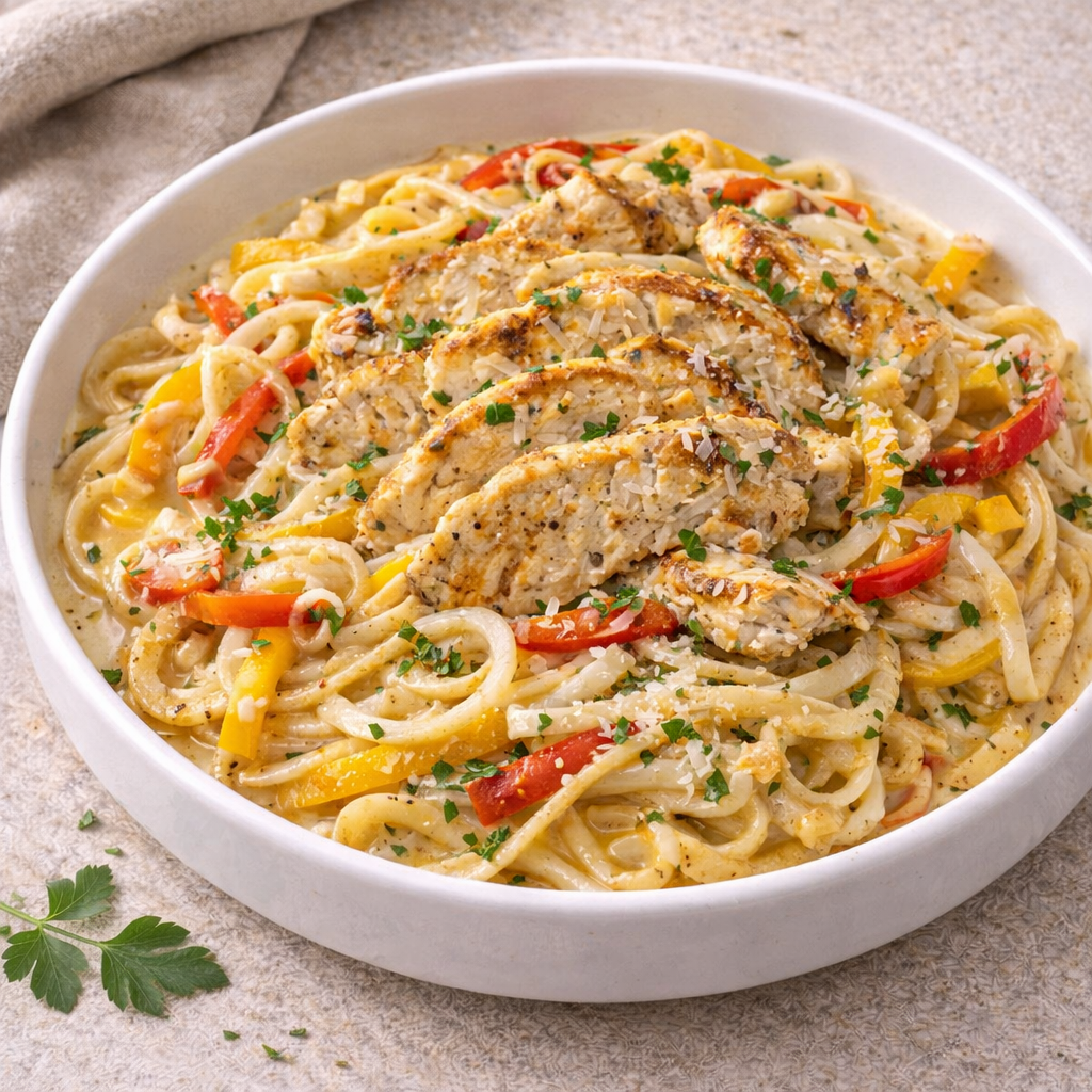 Creamy pasta with sliced chicken, red and yellow bell peppers, parsley, and grated cheese in a white bowl.