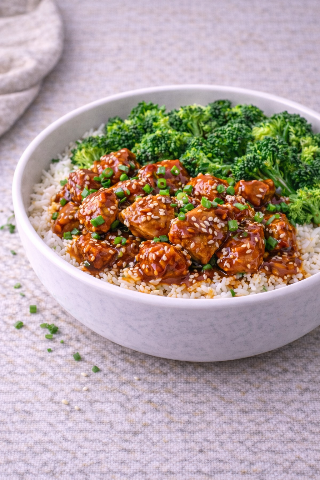 Bowl of white rice topped with sesame-glazed chicken bites, broccoli florets, and chopped green onions.