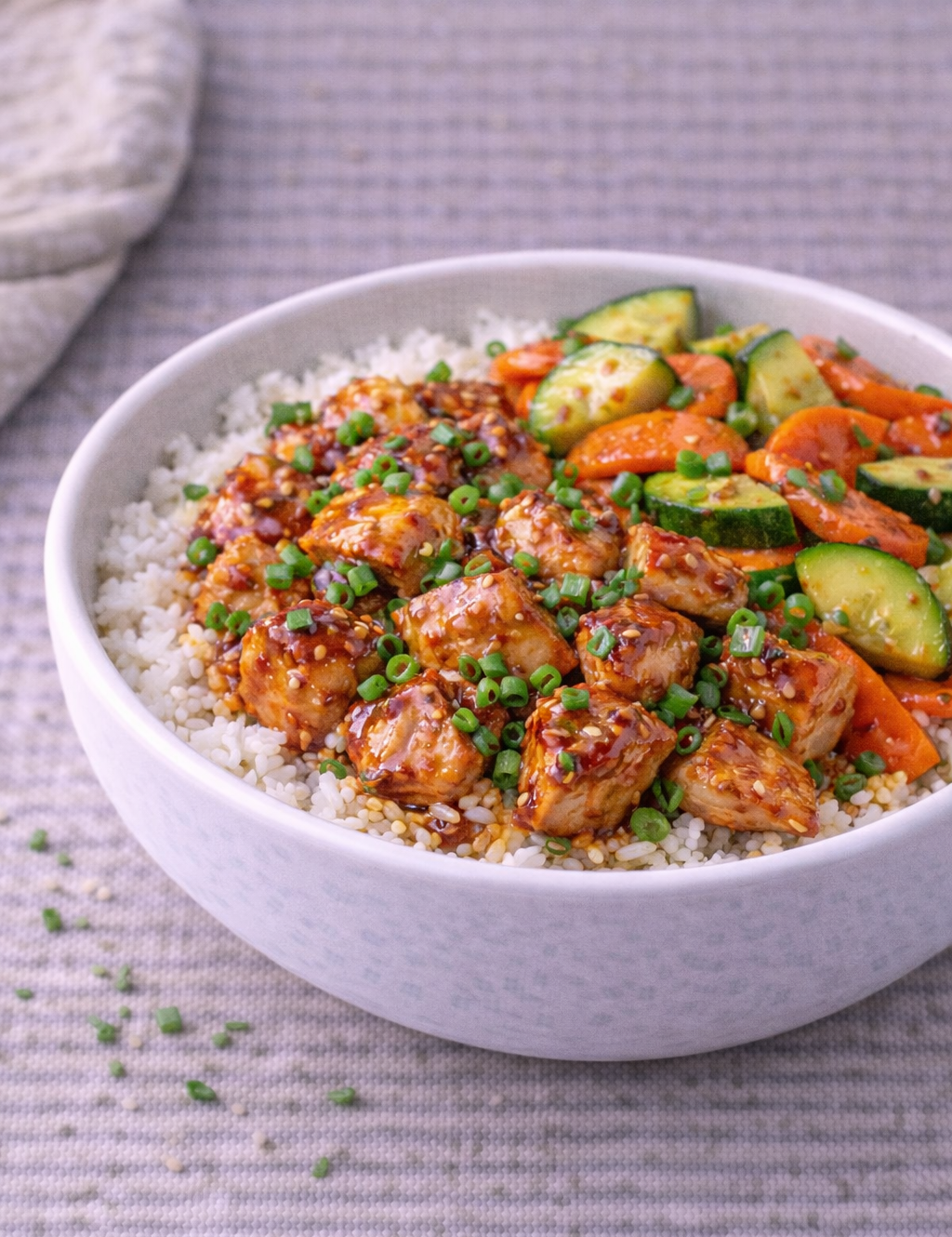 White bowl of rice topped with glazed sweet chili chicken, sesame seeds, and chopped green onions, with sliced carrots and zucchini on the side.