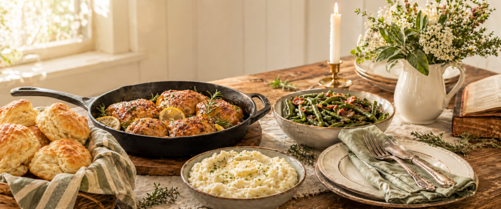 Rustic table with a skillet of herb-roasted chicken and lemon wedges, beside warm biscuits, mashed potatoes, and green beans with bacon.