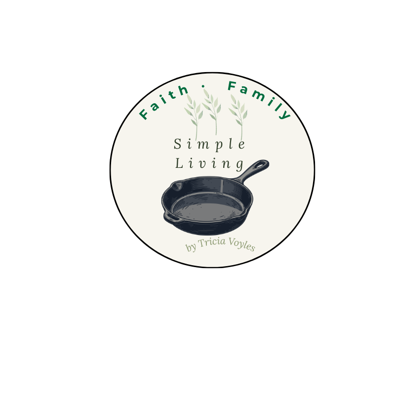 Logo for Faith Family Simple Living by Tricia Voyles featuring a skillet illustration and wheat stalks in a circular badge