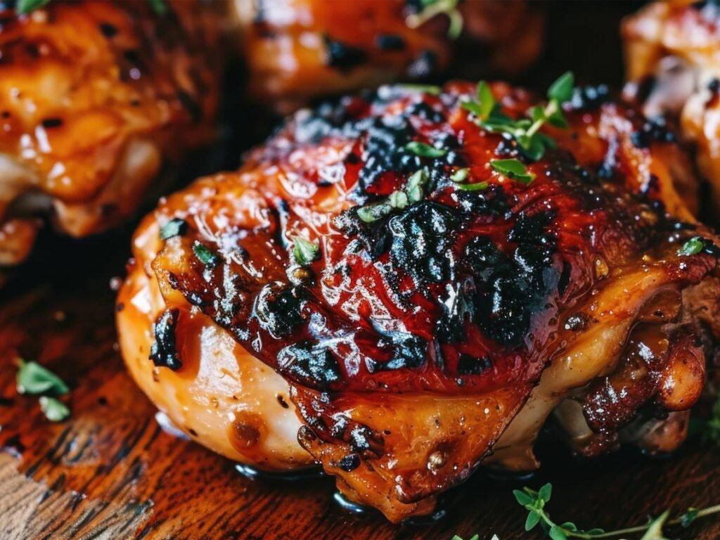 Roasted chicken leg with a sticky glaze and crispy skin, garnished with chopped herbs on a wooden board.