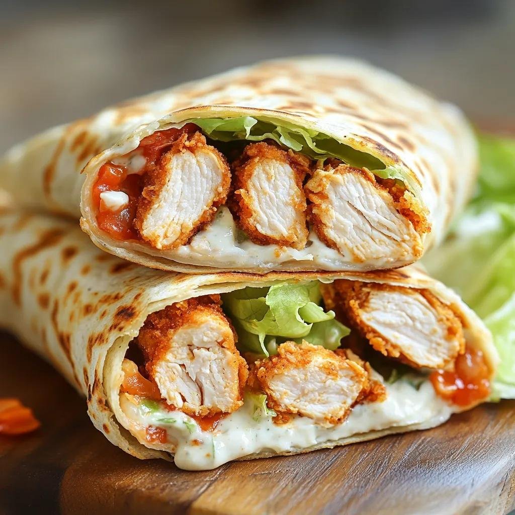 Crispy fried chicken wrap cut in half revealing chicken, lettuce, and creamy sauce inside a warm tortilla on a wooden board