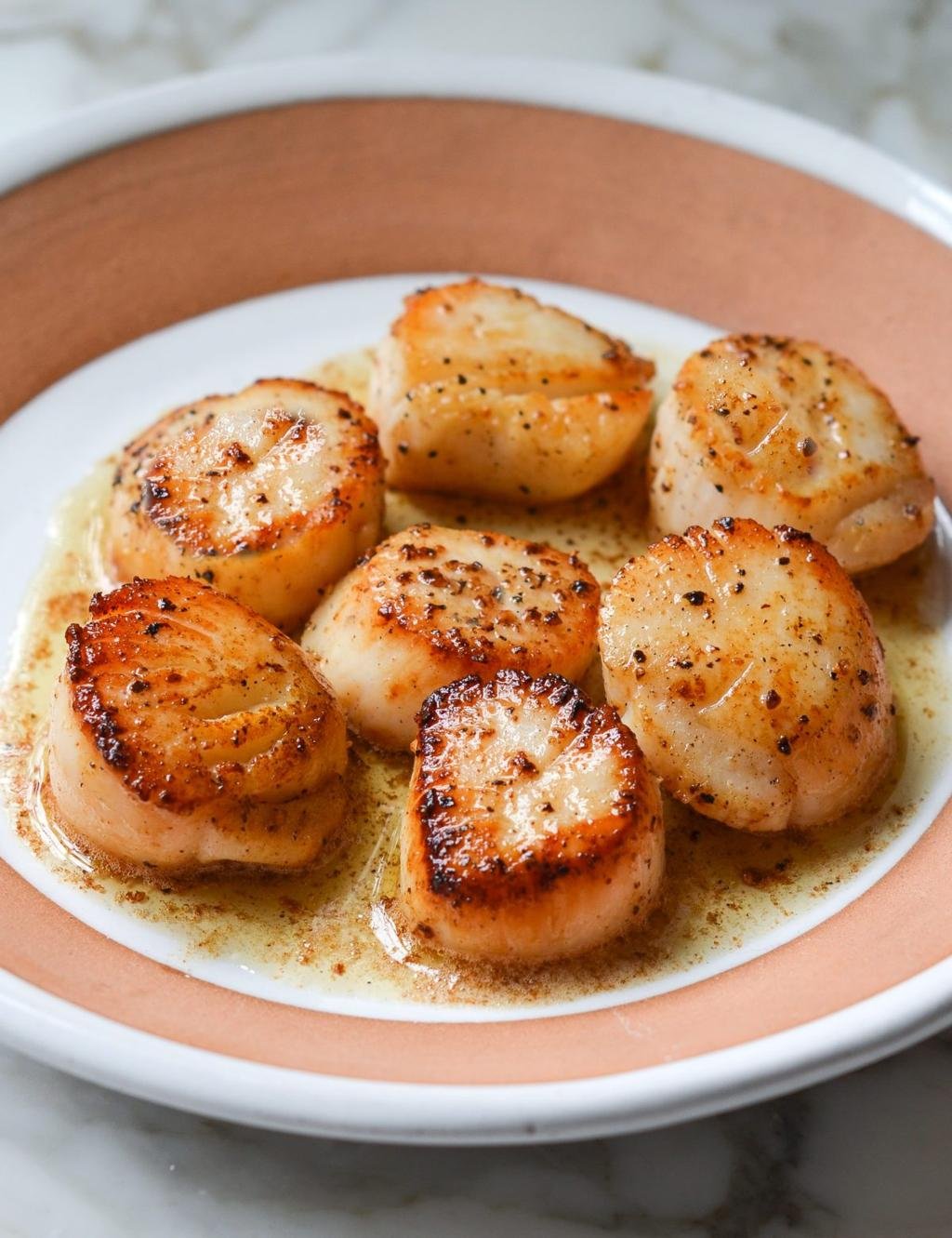 Pan-seared scallops in a creamy sauce on a pink-rimmed plate, golden-brown and lightly peppered.