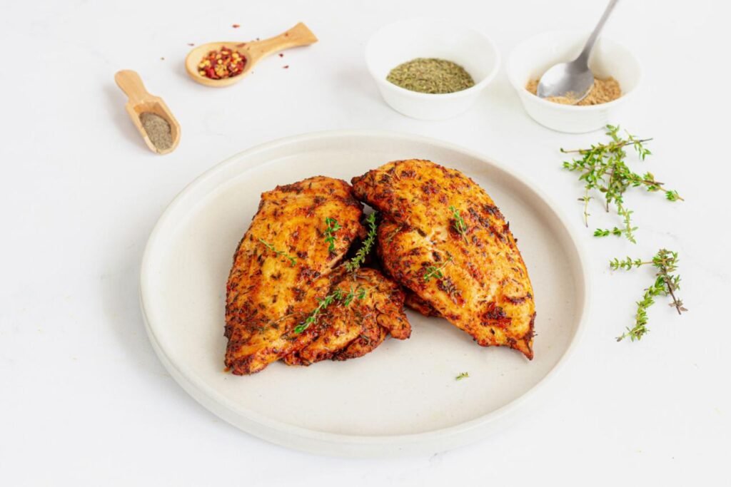 Herb-seasoned grilled chicken breasts on a white plate with thyme sprigs and small bowls of spices in the background.