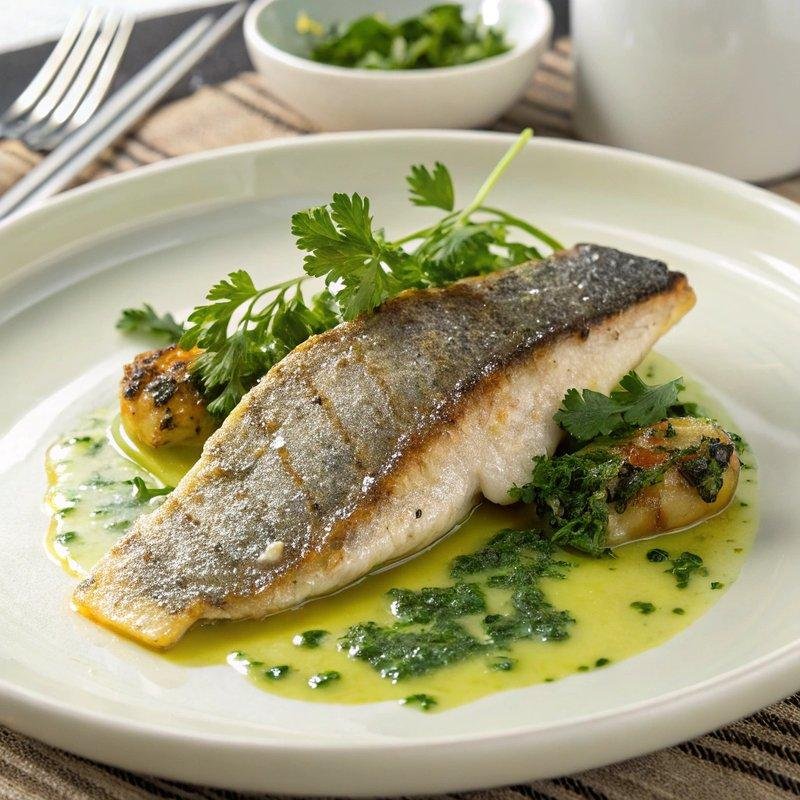 Pan-seared fish fillet on a bed of green herb sauce with roasted potatoes and cilantro garnish on a white plate.