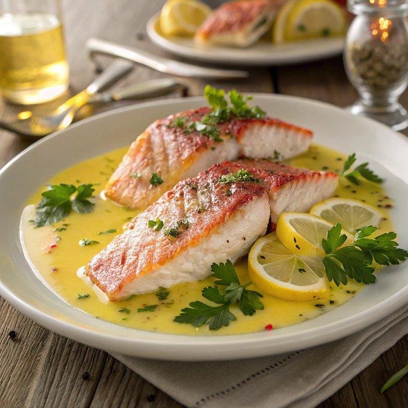 Two seared salmon fillets in a yellow butter sauce garnished with parsley, lemon slices, and fresh herbs on a white plate.