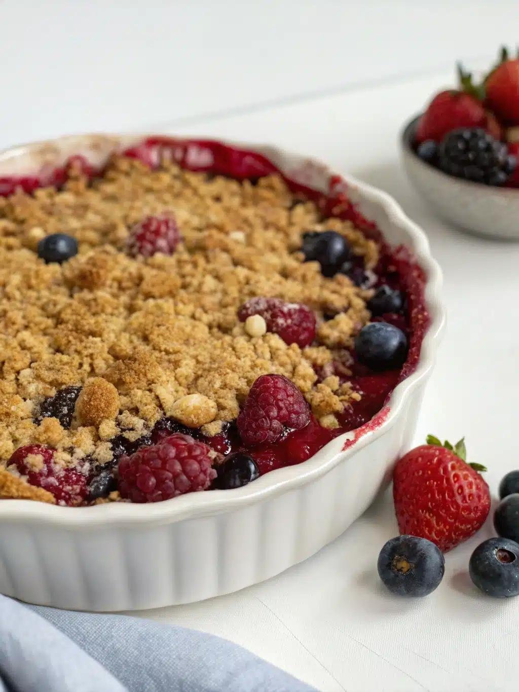 Berry crumble pie in a white ramekin topped with crumbly streusel and fresh raspberries and blueberries nearby.