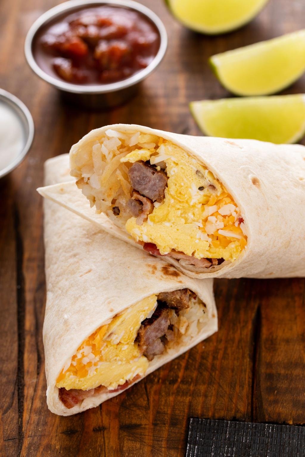 Two breakfast burritos cut open to reveal scrambled eggs, cheese, potatoes, and meat on a wooden table with lime wedges and salsa in the background.