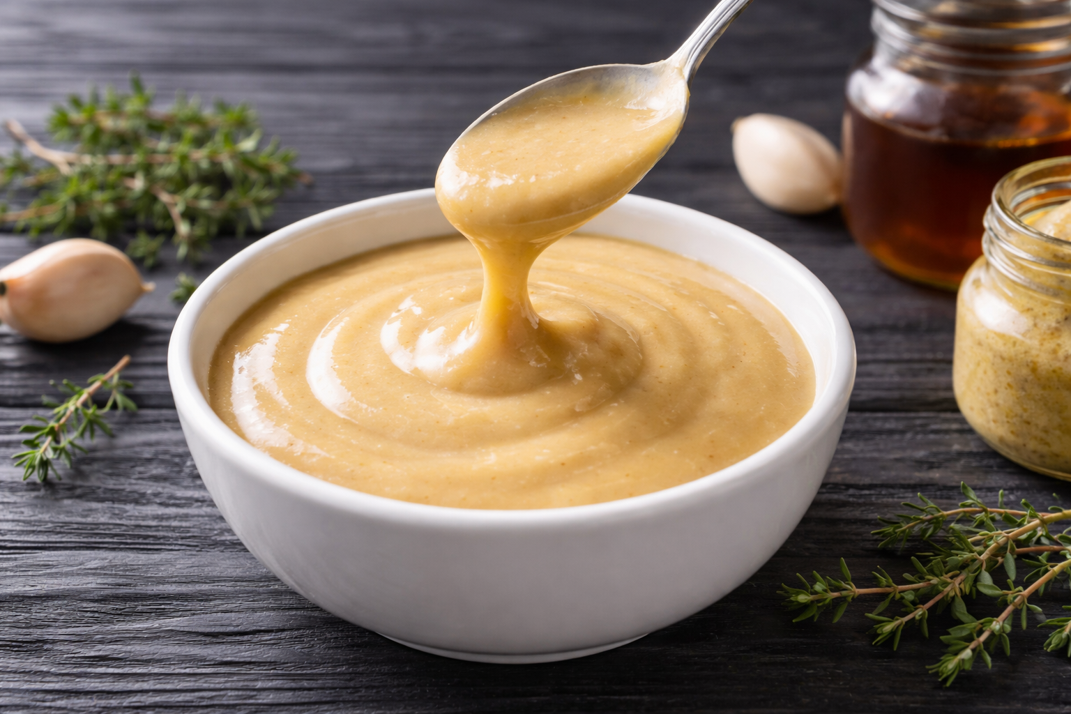 Creamy beige sauce in a white bowl with a spoon lifting a swirl, surrounded by garlic and thyme sprigs.