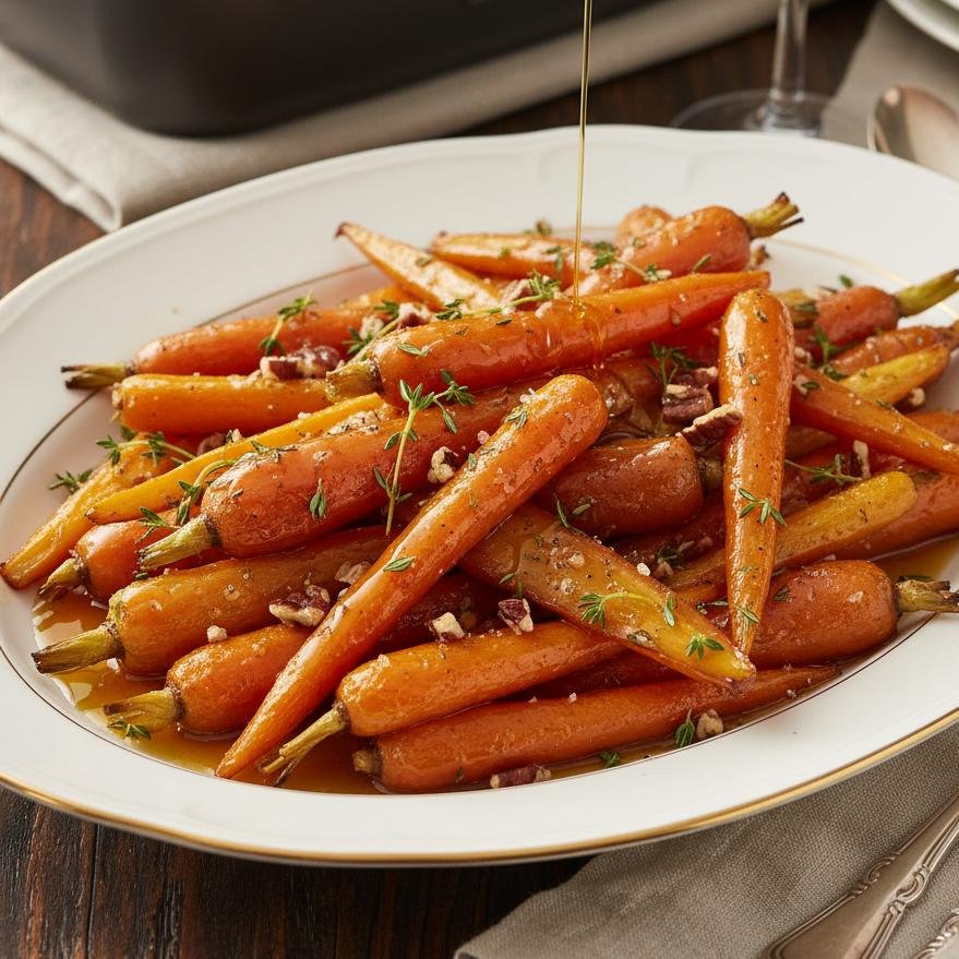 Plate of roasted glazed carrots garnished with fresh thyme and chopped walnuts.