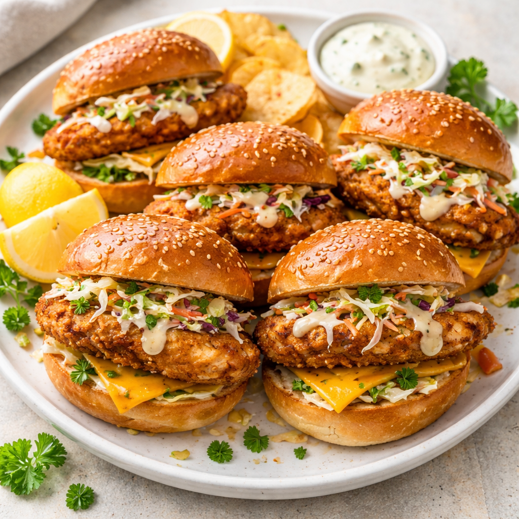 Plate of fried chicken sliders on sesame buns with cheese, slaw, and herbs, served with chips and lemon wedges on the side.