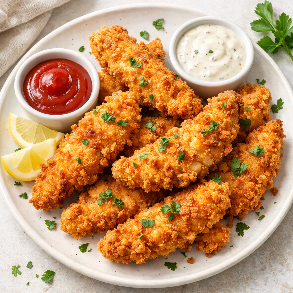 Plate of crispy breaded chicken tenders with parsley, served with ketchup and ranch dipping sauces, and lemon wedges on the side.