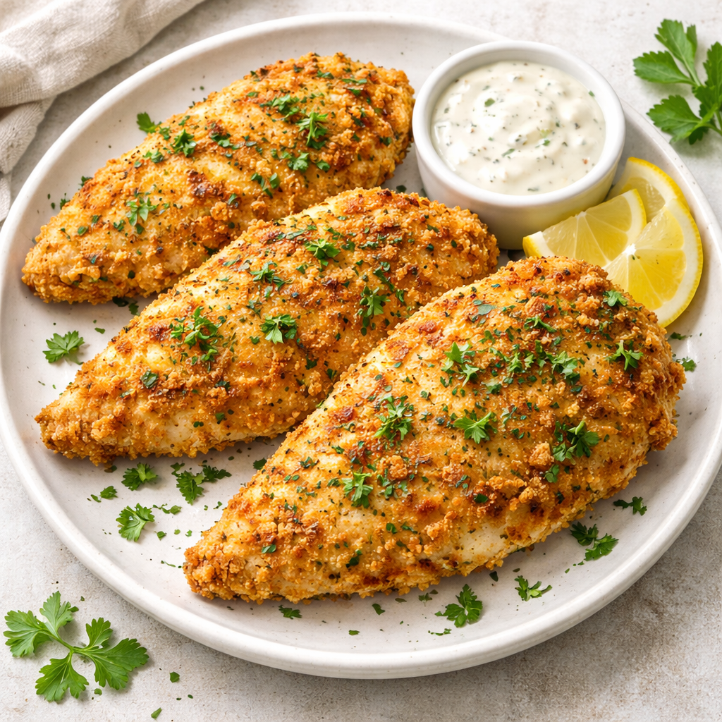 Breaded, baked or fried chicken breasts on a plate with a creamy dipping sauce and lemon wedges, garnished with parsley.