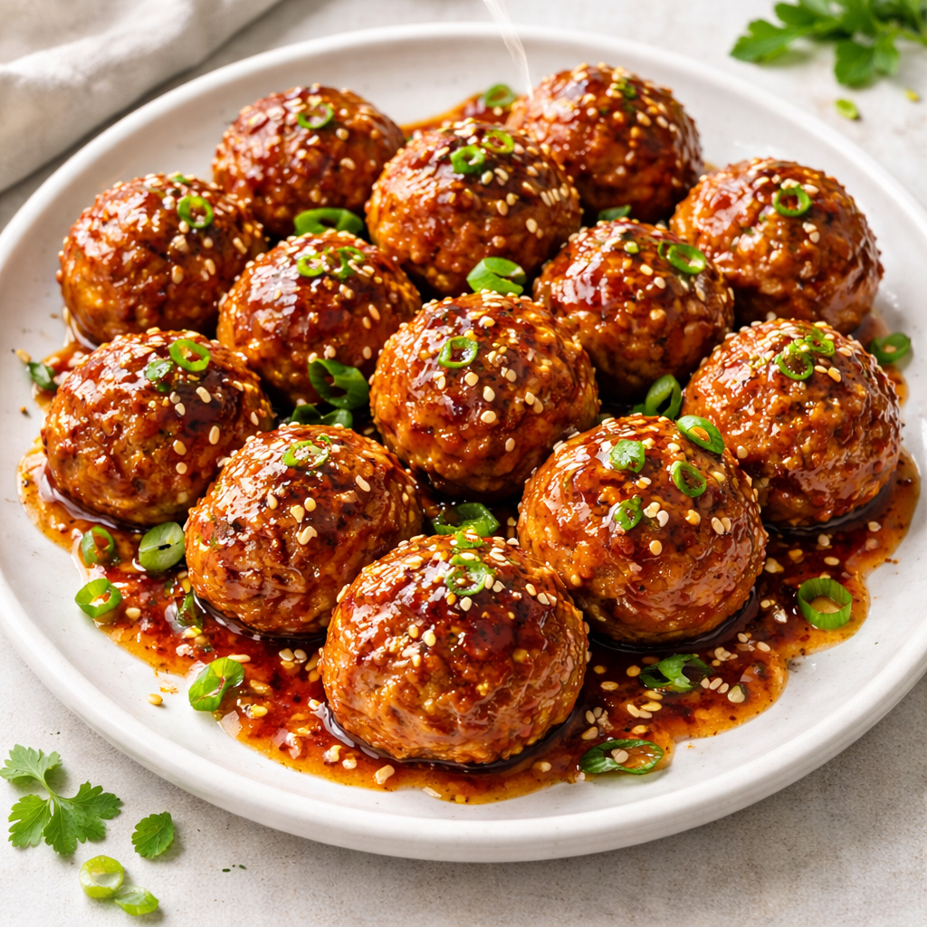 Plate of glossy glazed meatballs sprinkled with sesame, scallions, and herbs in a spicy sauce.