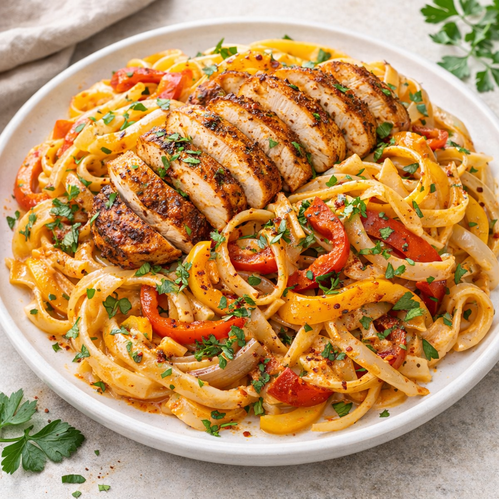 Sliced grilled chicken atop a bed of fettuccine pasta with red and yellow bell peppers, parsley garnish.