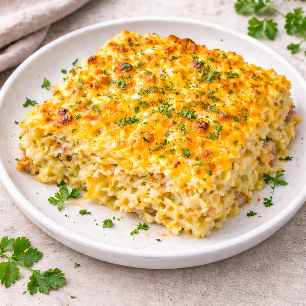 Golden-brown cheesy potato casserole on a white plate, garnished with chopped parsley.