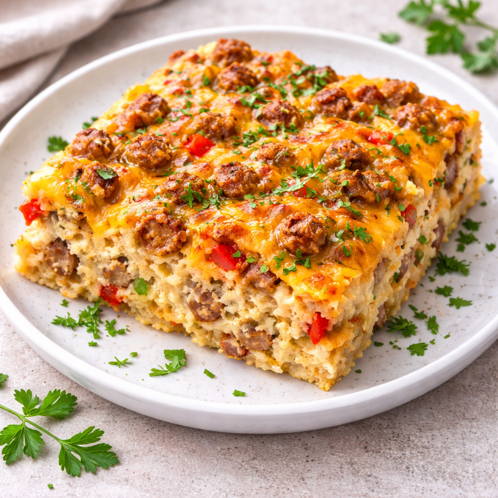 Baked sausage and pepper casserole with melted cheese on a white plate, garnished with parsley.