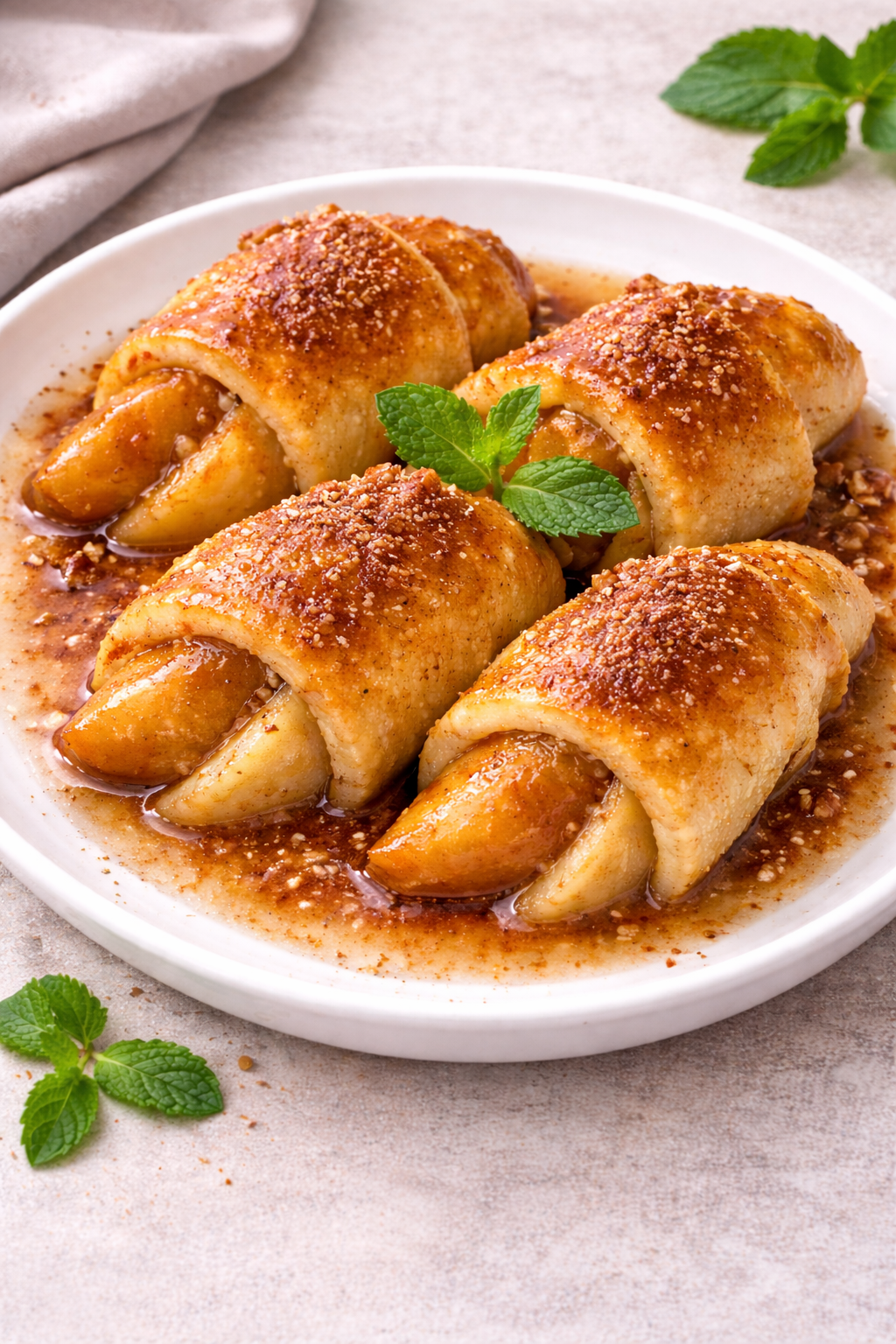 Four caramel-glazed cinnamon rolls filled with apple slices on a white plate, sprinkled with nuts and mint leaves as garnish.