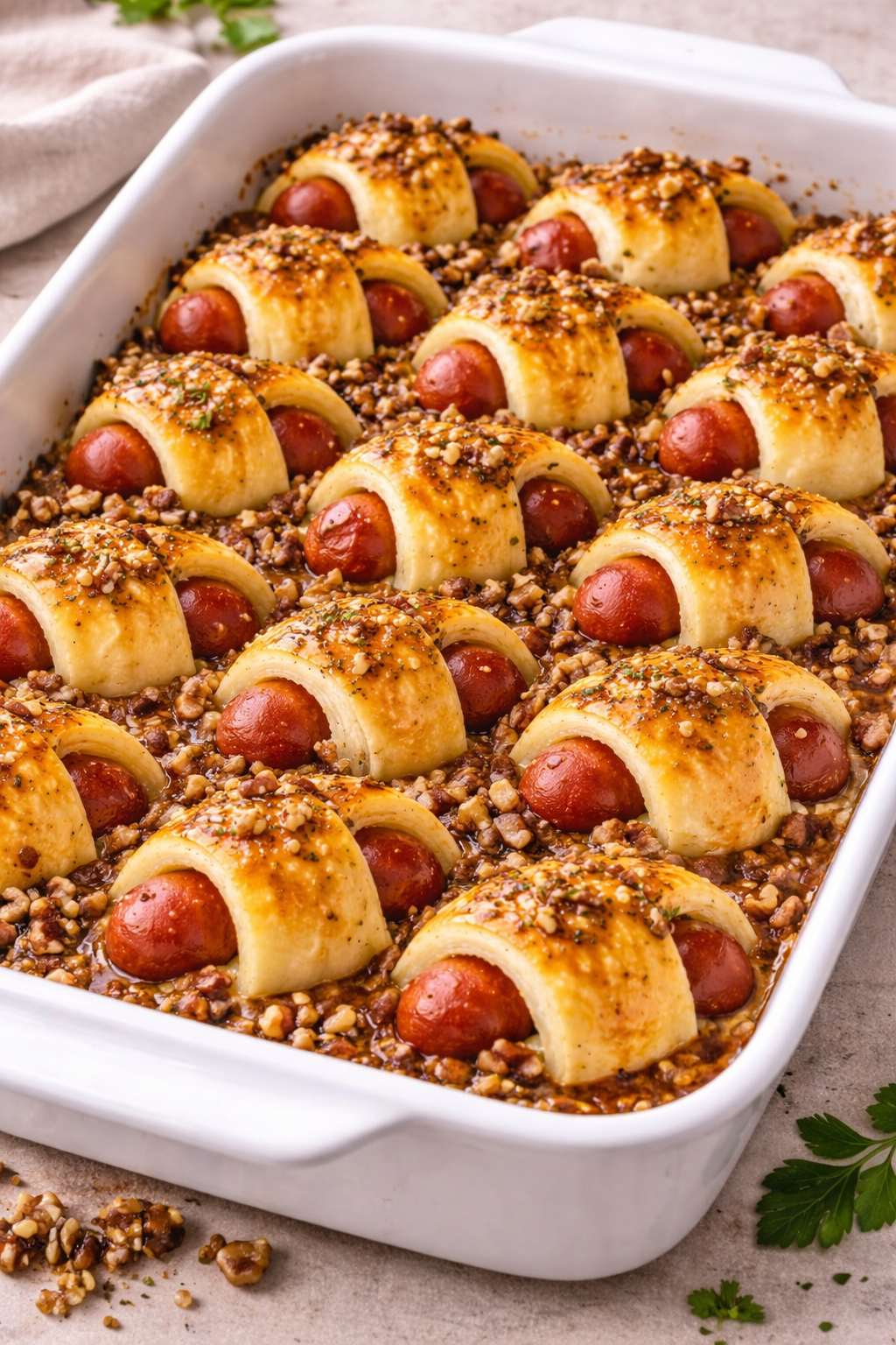 Baking dish filled with puff pastry-wrapped sausages topped with chopped nuts and herbs design for a savory appetizer