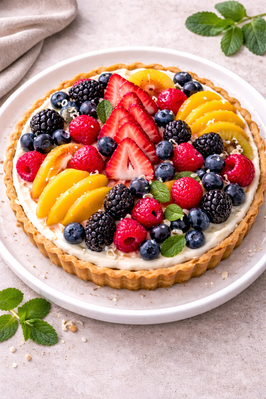 Fruit tart topped with strawberries, blueberries, raspberries, blackberries and peach slices on a creamy filling.