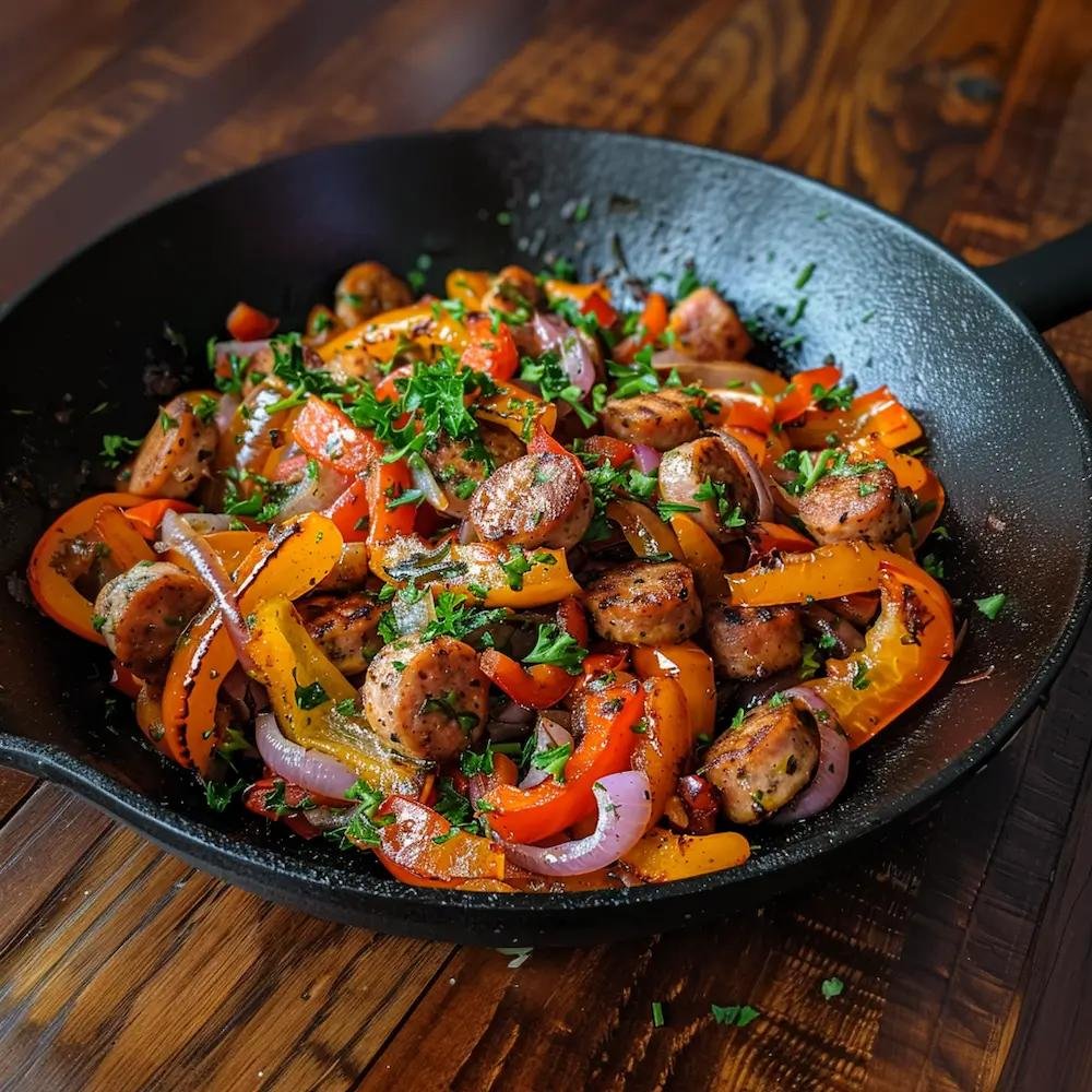 Skillet with sautéed sausage pieces, orange and yellow bell peppers, red onions, and chopped herbs.