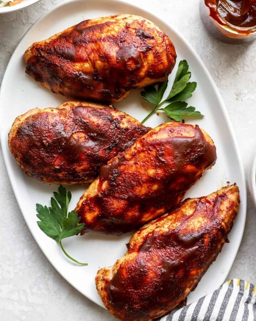 Grilled chicken thighs with a sticky barbecue glaze on a white platter, garnished with parsley sprigs nearby.