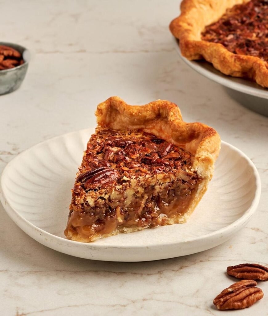 Slice of pecan pie on a white plate, with glossy caramel filling and toasted pecans visible on top.