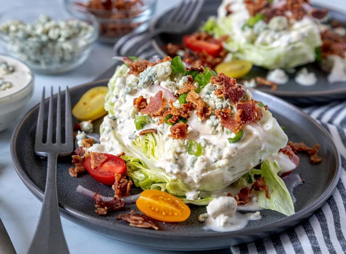 Wedge salad with crispy bacon, blue cheese dressing, and cherry tomato halves on iceberg lettuce.
