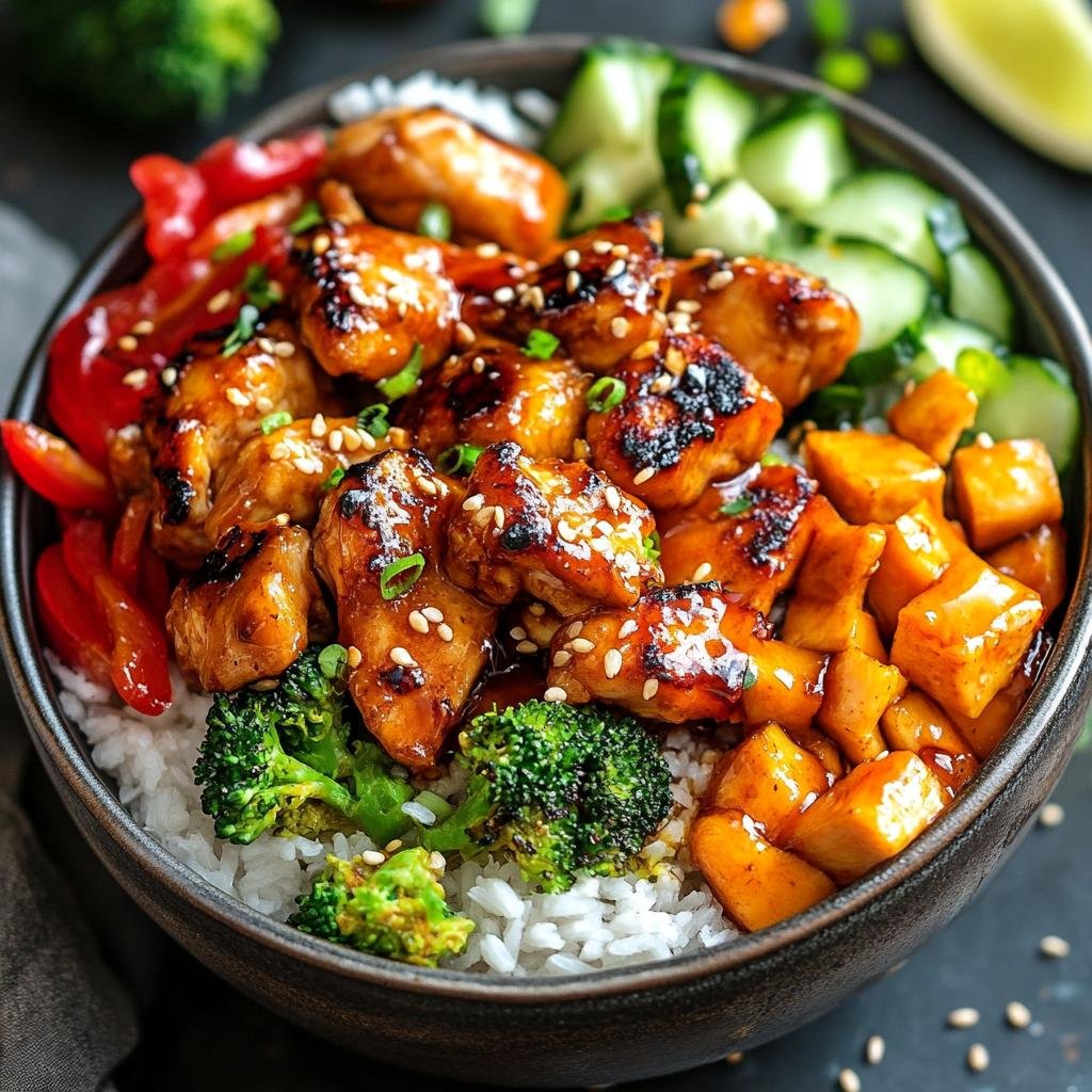 Bowl of sticky glazed chicken and tofu with sesame seeds over white rice, broccoli, and cucumber slices in a dark bowl.