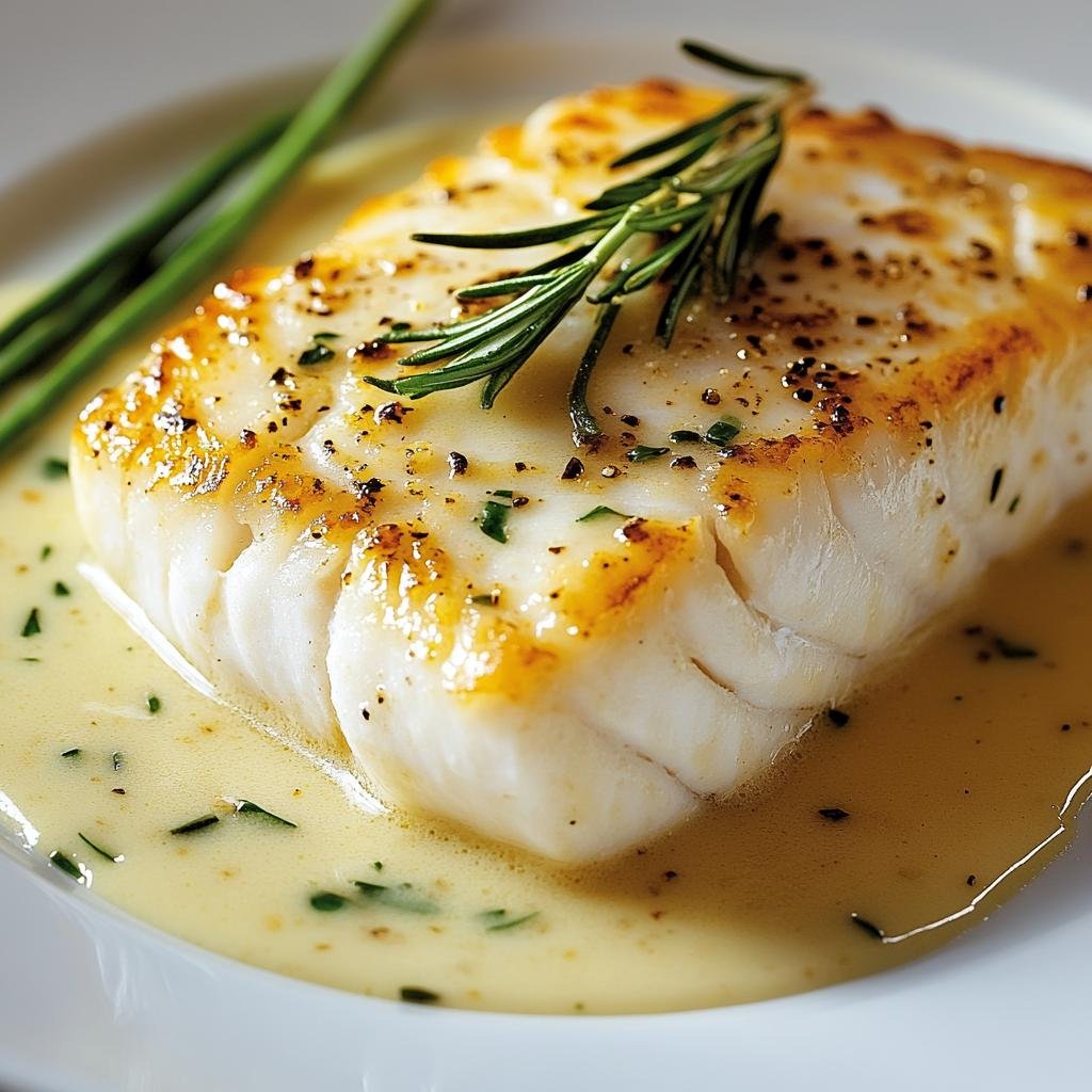 Pan-seared white fish fillet in a light herb butter sauce, garnished with rosemary and chives.