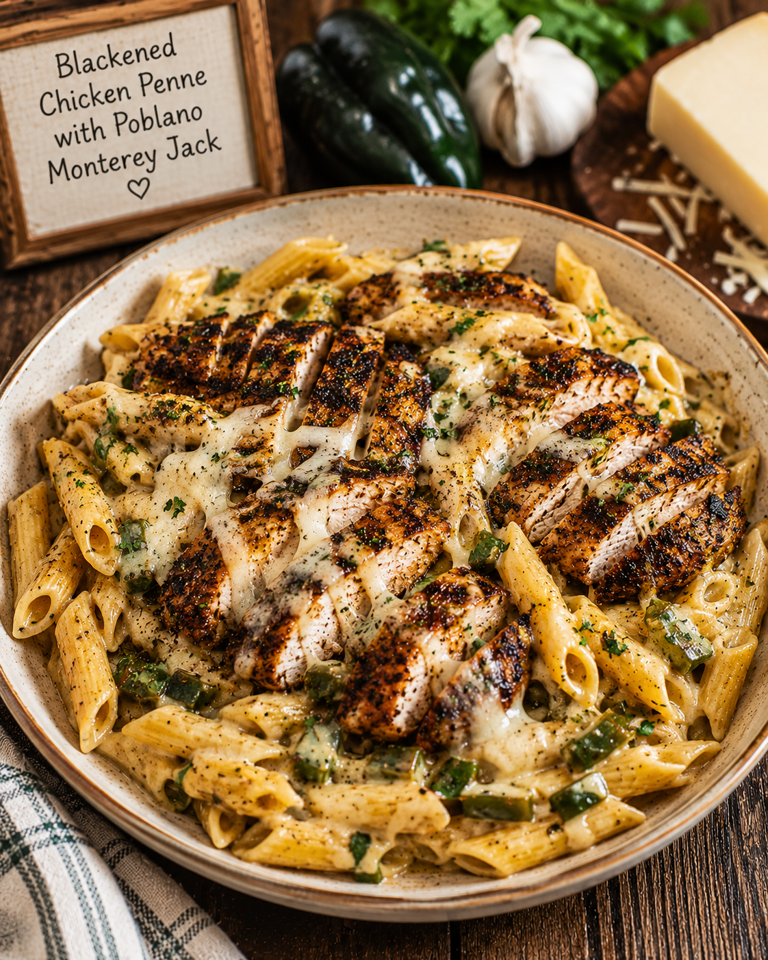Creamy penne pasta with sliced blackened chicken, green peppers, and herbs in a shallow bowl on a rustic table.