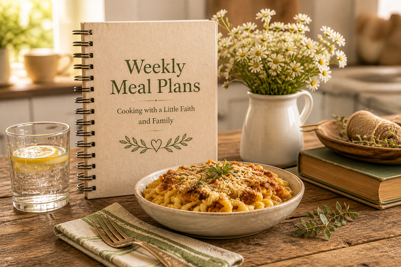 Pasta dish in a bowl on a wooden table beside a spiral notebook titled'Weekly Meal Plans' and a vase of daisies in a kitchen setting, with a glass of lemon water nearby.