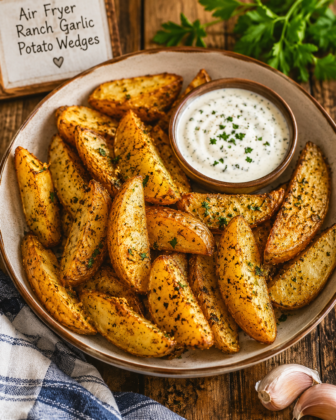 Crispy garlic ranch potato wedges with a creamy dip on a rustic plate, herbs sprinkled on top, garlic cloves nearby.