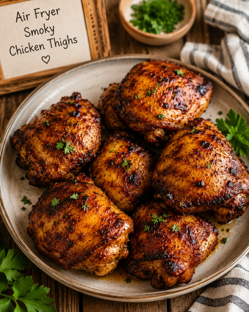 Crispy smoky air-fryer chicken thighs on a beige plate, garnished with parsley