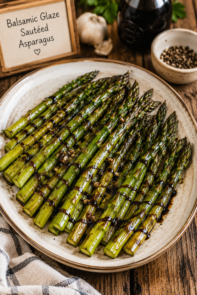 Balsamic-glazed sautéed asparagus arranged on a rustic ceramic plate with a sign reading 'Balsamic Glaze Sautéed Asparagus' in the background.