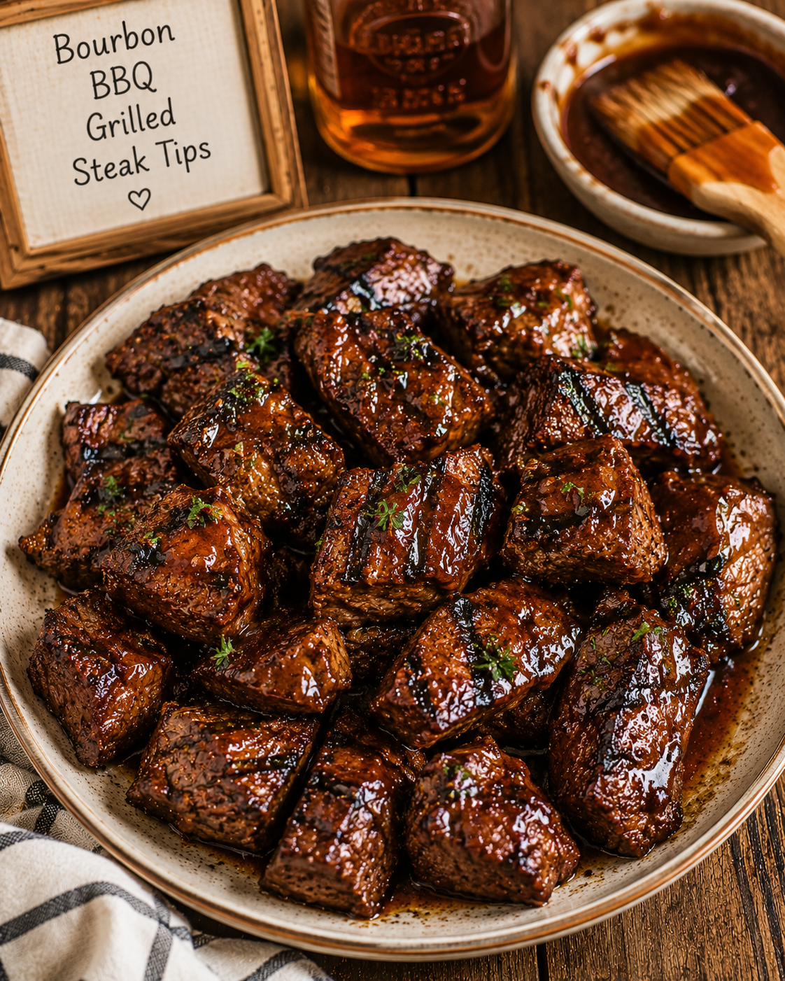 Bowl of glossy bourbon BBQ steak tips glazed with sauce on a rustic wooden table, with a sign reading ‘Bourbon BBQ Grilled Steak Tips’ in the background.