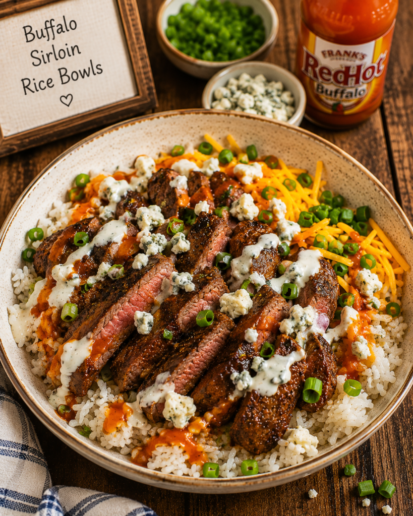 Sliced grilled steak over rice with buffalo sauce, blue cheese crumbles, and chopped green onions.