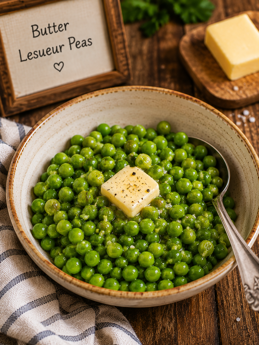 Bowl of buttered green peas with a small pat of butter on top, served on a rustic wooden table.