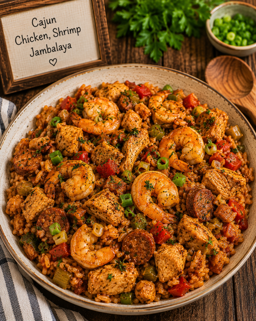 Cajun chicken and shrimp jambalaya in a ceramic bowl with rice, peppers, and herbs.
