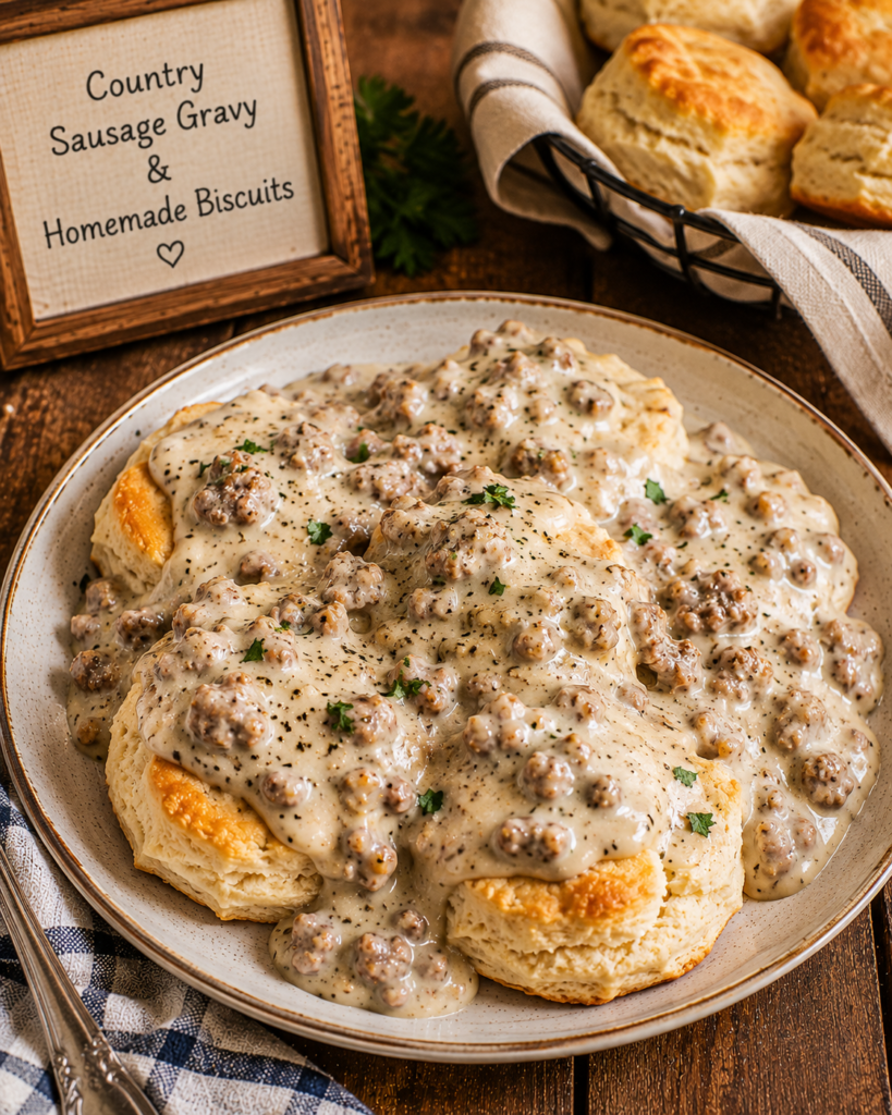 Fluffy biscuits smothered in creamy sausage gravy with herbs, on a rustic plate and table. In the background, a sign reads 'Country Sausage Gravy & Homemade Biscuits'.