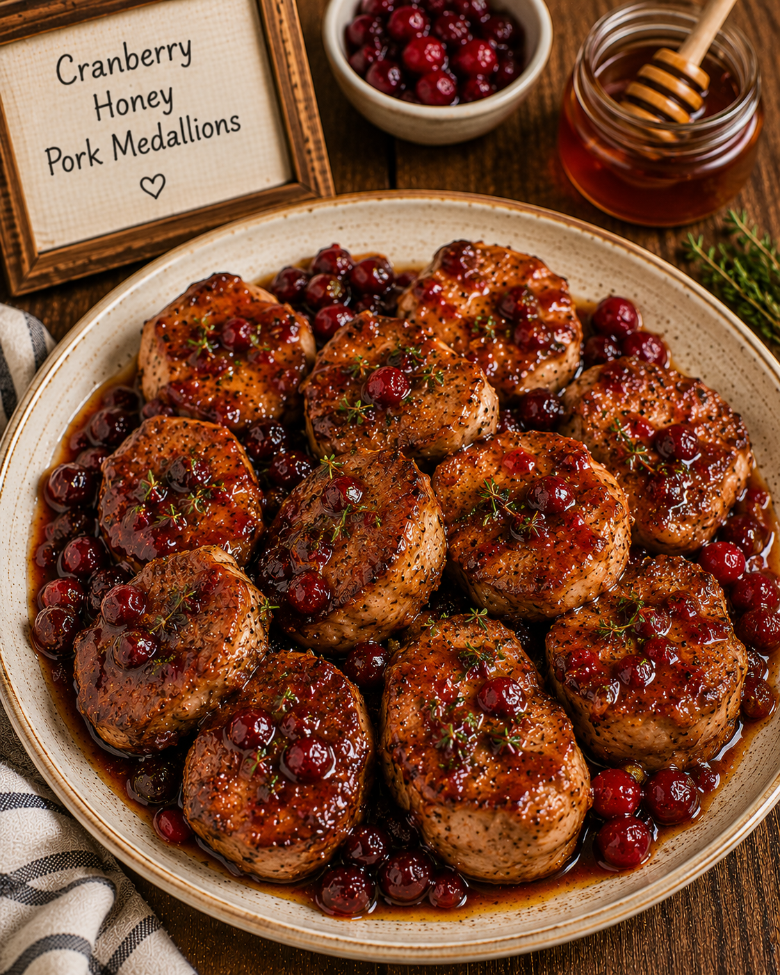 Plate of pan-seared pork medallions in a cranberry-honey glaze, garnished with cranberries and thyme on a rustic table.