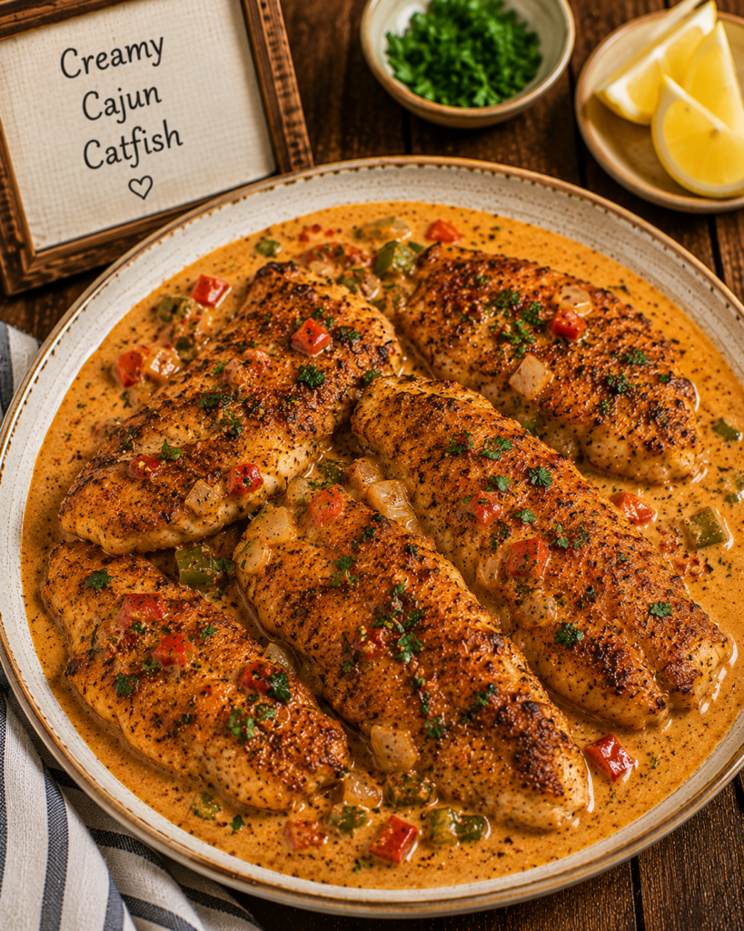 Creamy Cajun catfish fillets in a rich sauce with diced peppers and herbs on a round plate